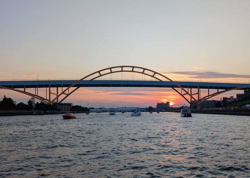 Milwaukee's Hoan Bridge at sunset over the Milwaukee River